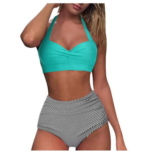 Damen Hochtaillierter Karobikini mit gerafftem Oberteil EB