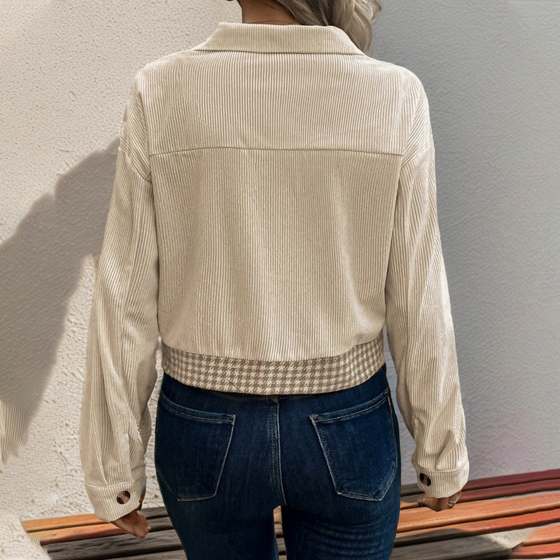 Damen Cordjacke mit modernem Hahnentritt-Design und praktischen Taschen EB