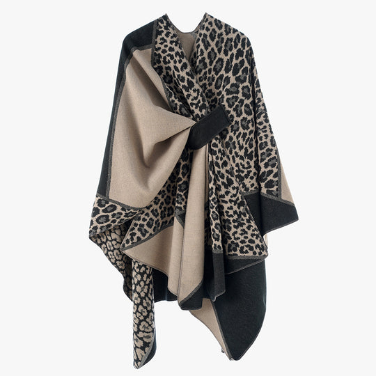 Damen Jacquard-Poncho mit Leopardenmuster und Wollmix-Überwurf EB