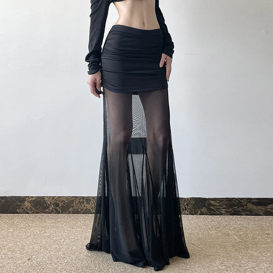 Damen Maxi-Rock mit transparentem Chiffon und gerafft Bund EB