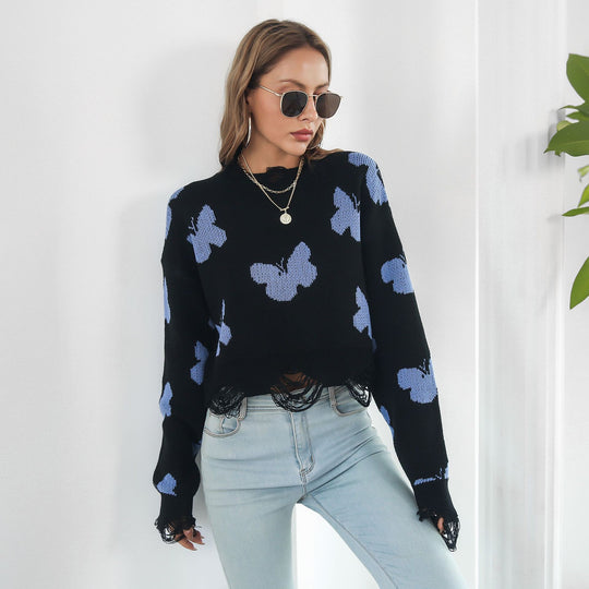 Damen Strickpullover mit einzigartigem Schmetterlingsdesign und trendigem Fransenabschluss EB