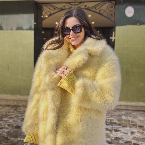 Damen luxuriöse Kunstfelljacke mit weichem Revers und großen Taschen EB