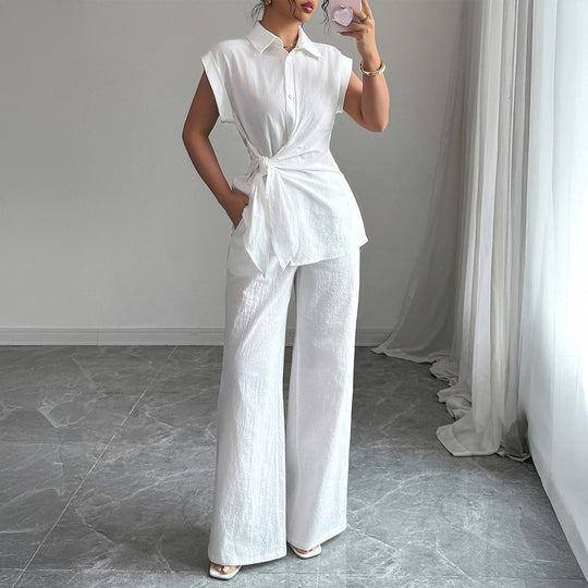 Damen elegantes Zweiteiliges Set mit taillierter Bluse und weit geschnittenen Hosen EB