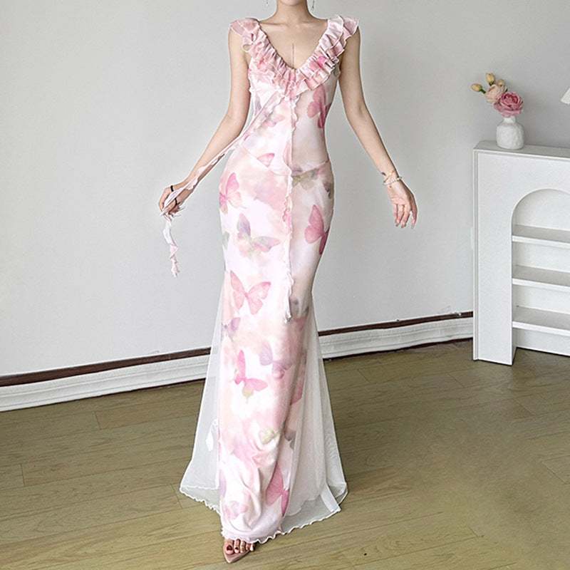 Damen Maxikleid aus transparentem Chiffon mit Rüschendetails und floralem Design EB