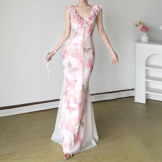 Damen Maxikleid aus transparentem Chiffon mit Rüschendetails und floralem Design EB