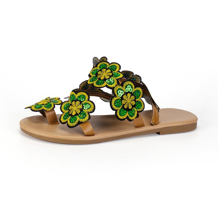 Damen elegante Zehensteg-Sandalen mit floralem Stickdesign und rutschfester Sohle EB