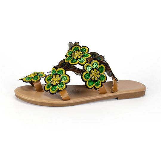 Damen elegante Zehensteg-Sandalen mit floralem Stickdesign und rutschfester Sohle EB