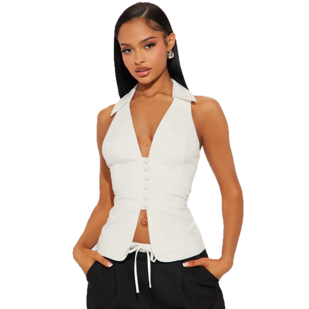 Damen elegant geschnittenes Wickeloberteil mit Knopfleiste und Kragen EB