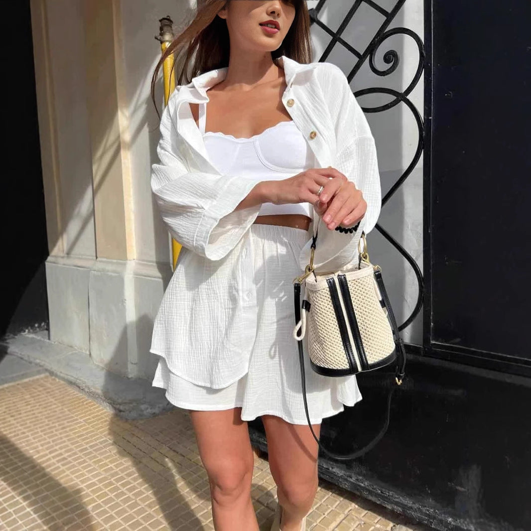 Damen nan lässiges Musselin-Zweiteiler Set mit Oversize-Hemd und elastischer Highwaist-Shorts EB