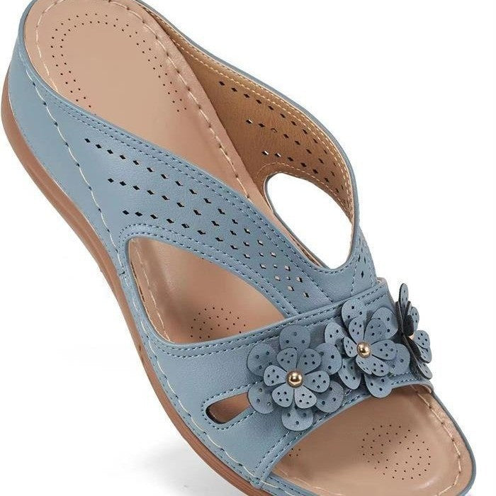 Damen Bequeme Pantoletten mit Blumenapplikation und orthopädischer Dämpfung EB