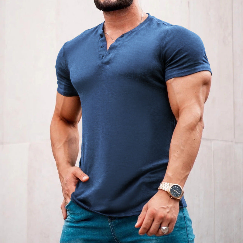 Herren Kurzarm-Henley-T-Shirt aus atmungsaktiver Baumwolle mit dekorativer Knopfleiste EB