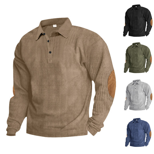 Herren lässiges Langarm-Henley-Shirt mit strukturiertem Rippenstoff und kontrastierenden Ellbogenpatches EB