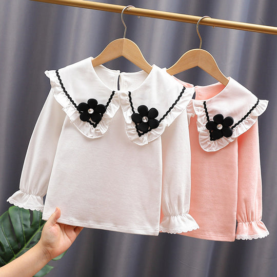 Damen Bluse mit großen Kragen und floralen Applikationen EB