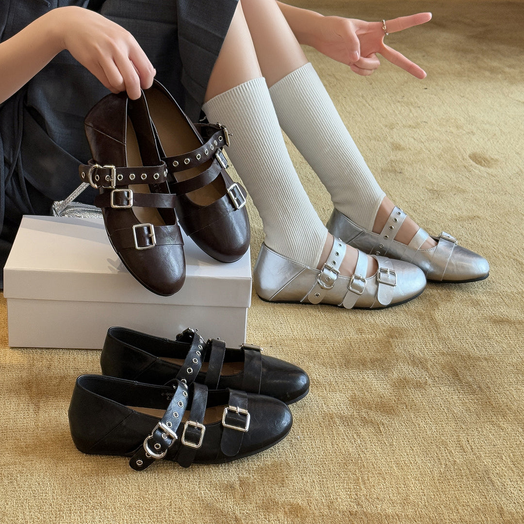 Damen Glänzende Ballerinas mit Riemen und Schnalle EB