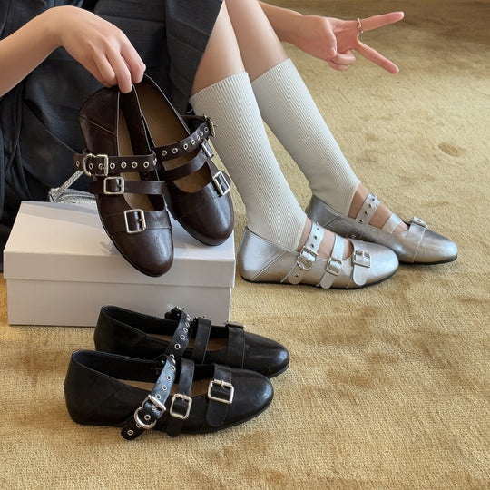 Damen Stilvolle Ballerinas mit doppeltem Riemen und modischen Schnallen EB