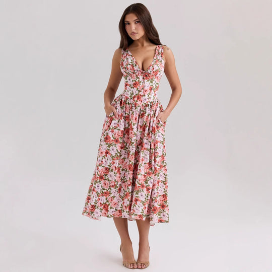 Damen Maxikleid mit floralem Design und praktischen Taschen EB