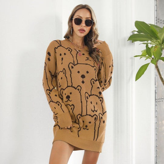 Damen Strickkleid mit Bärenmotiv und Schnitt