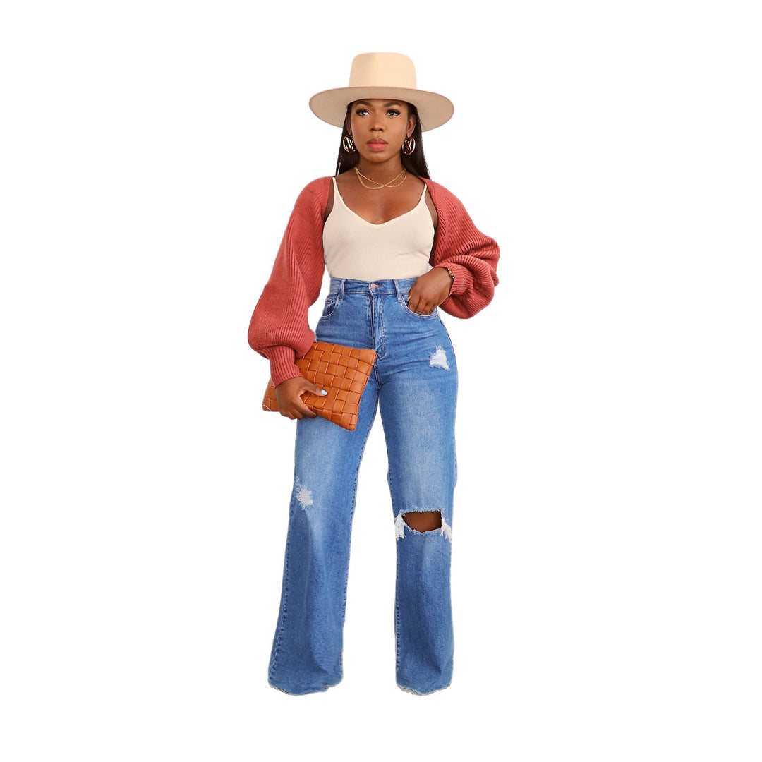 Damen Hochtaillierte Bootcut Jeans mit angesagtem Destroyed-Effekt EB