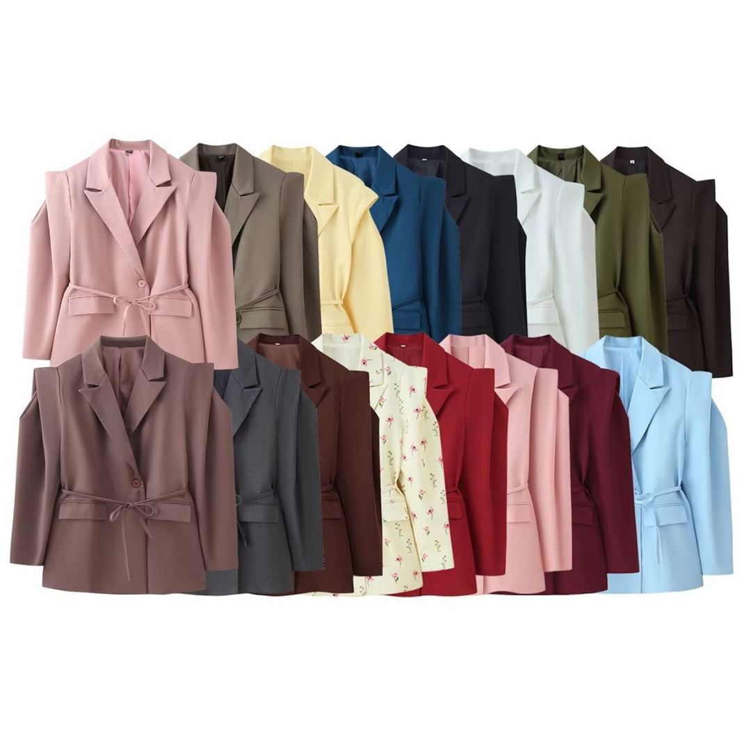 Damen nan taillierter Blazer mit Bindegürtel, Reverskragen und Schulterpolstern EB