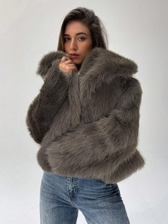 Damen Modischer Kunstpelz-Cropped-Jacke mit voluminösen Ärmeln EB