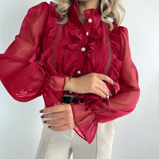Damen Rüschenbluse aus Chiffon mit Stehkragen und Perlenknöpfen EB
