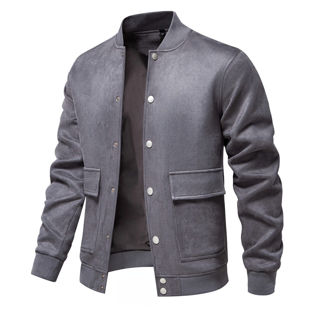 Herren nan Wildlederoptik-Collegejacke mit Druckknopfverschluss, Pattentaschen und geripptem Saum EB
