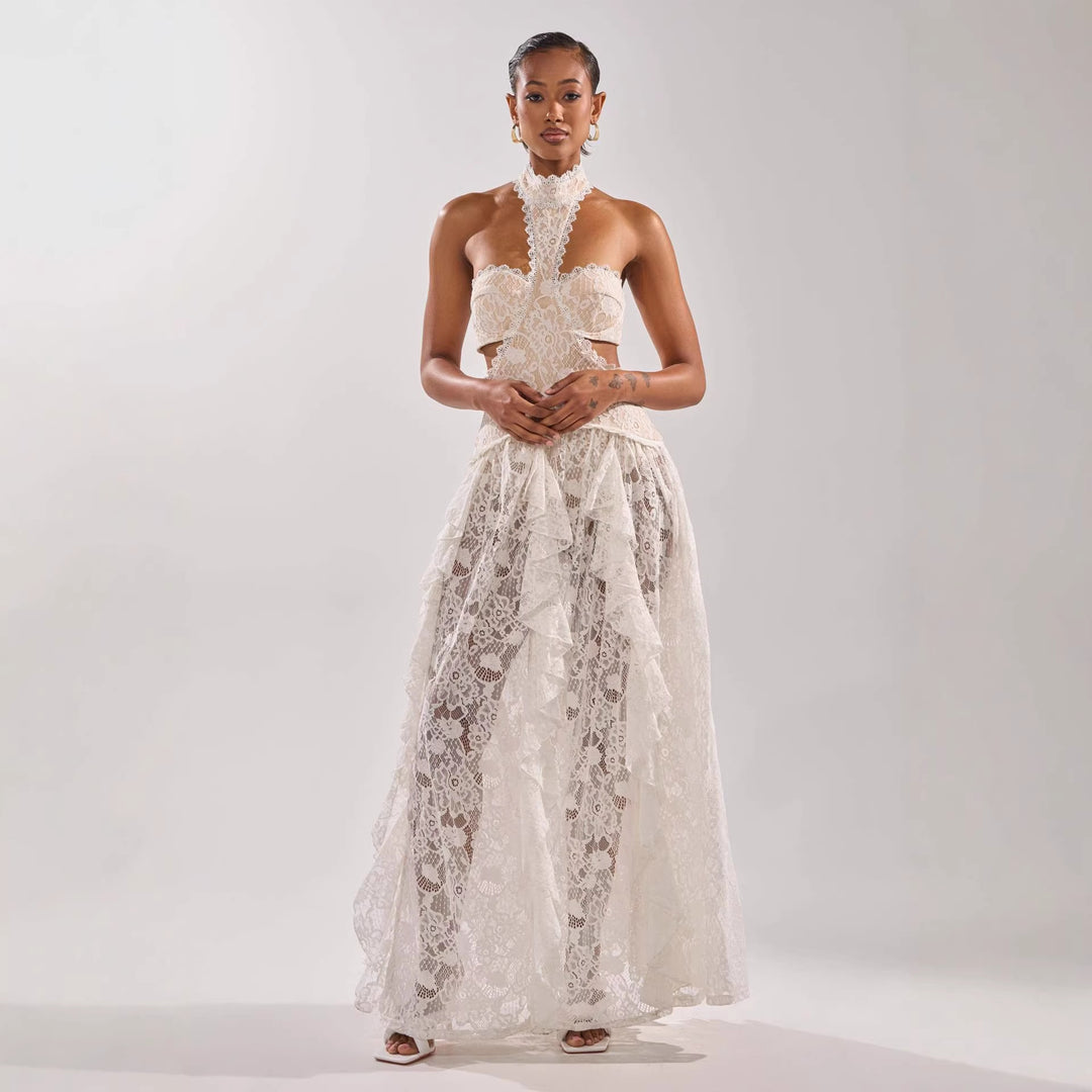 Damen elegante Spitzentraumkleid mit hochgeschlossenem Kragen und fließendem Rock EB