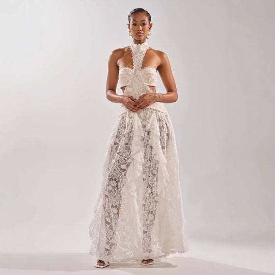 Damen elegante Spitzentraumkleid mit hochgeschlossenem Kragen und fließendem Rock EB