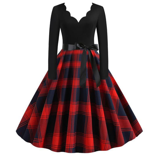 Damen Retro Swingkleid im Vintage-Stil mit geschwungener V-Kante, Satin-Taillenschleife und karierter Tellerrock EB