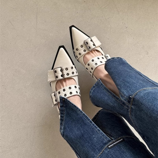 Damen elegante spitze Mules mit dekorativen Schnallen EB