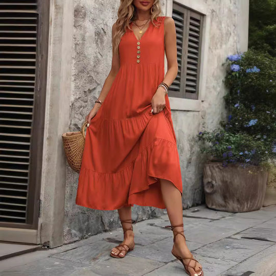 Damen Midikleid mit V-Ausschnitt und dekorativen Knöpfen EB
