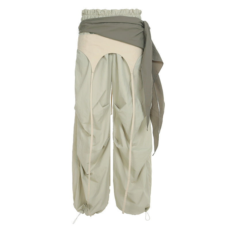Damen modische High-Waist-Hose mit asymmetrischem Design und seitlichem Bindegurt EB
