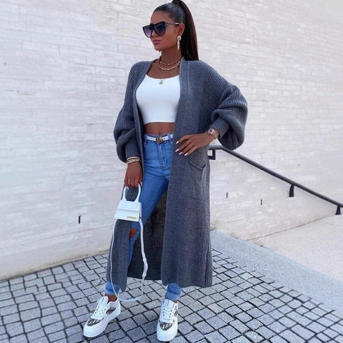 Damen Langer Strickmantel mit oversized Ärmeln und praktischen Taschen EB