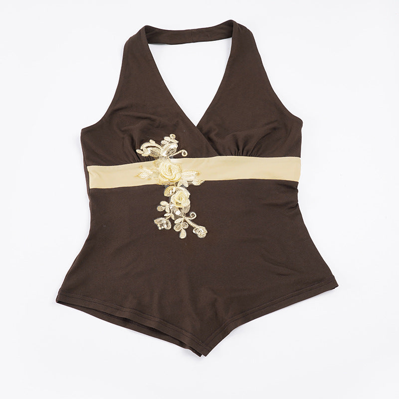Damen eleganter Halter-Badeanzug mit luxuriösen Stickereien EB
