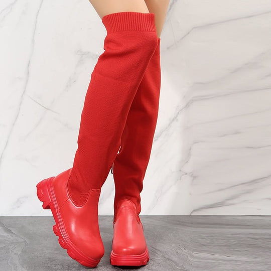 Damen Langschaft-Stiefel mit komfortabler Sohle und trendigem Strick-Design EB