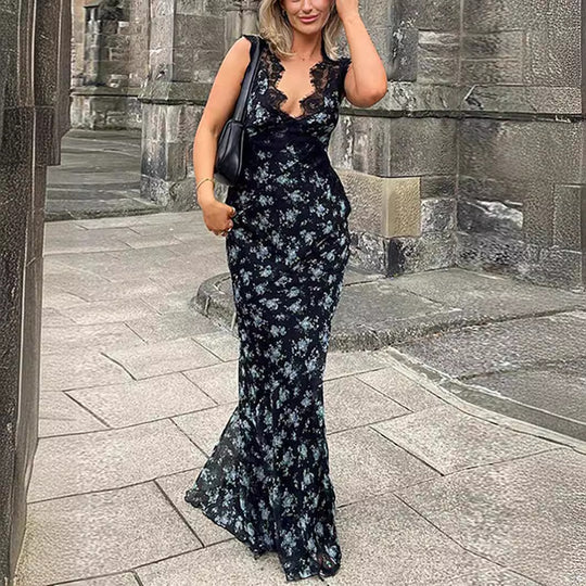 Damen Maxikleid mit floralen Spitzenakzenten EB