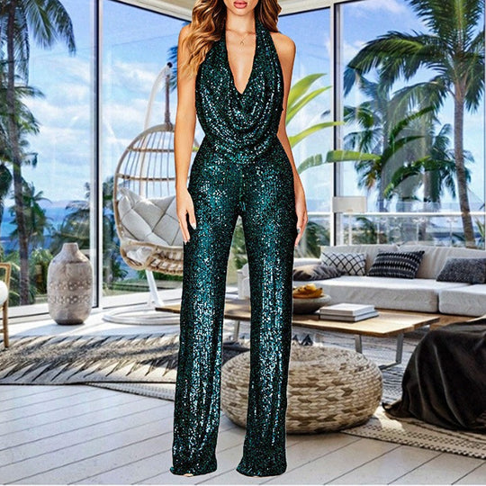 Damen Glitzerndes Jumpsuit mit tiefem V-Ausschnitt und weitem Bein EB
