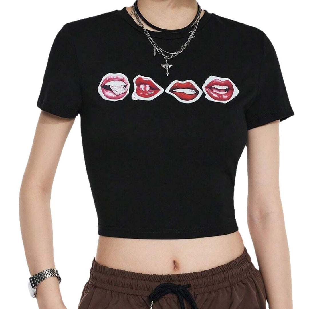 Damen Crop-T-Shirt mit kreativem Lippenmotiv und figurbetontem Schnitt EB
