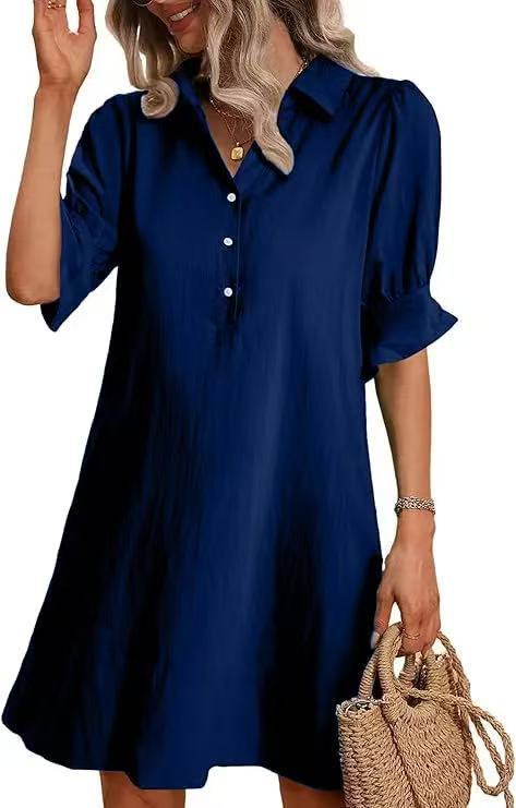 Damen lässiges Hemdkleid mit kurzen Ärmeln und praktischen Taschen EB