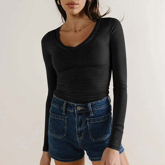 Damen Langarmshirt mit V-Ausschnitt und Rippstruktur EB