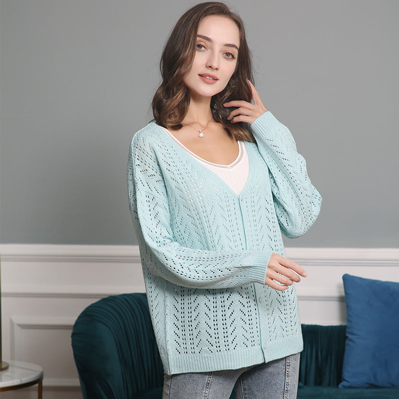Damen Strickcardigan mit luftiger Lochmusterung und V-Ausschnitt EB