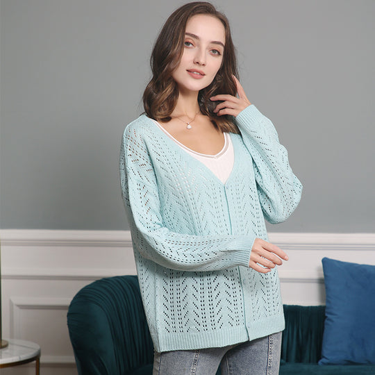 Damen Strickcardigan mit luftiger Lochmusterung und V-Ausschnitt EB