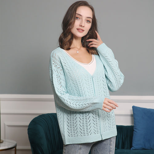 Damen Strickcardigan mit luftiger Lochmusterung und V-Ausschnitt EB