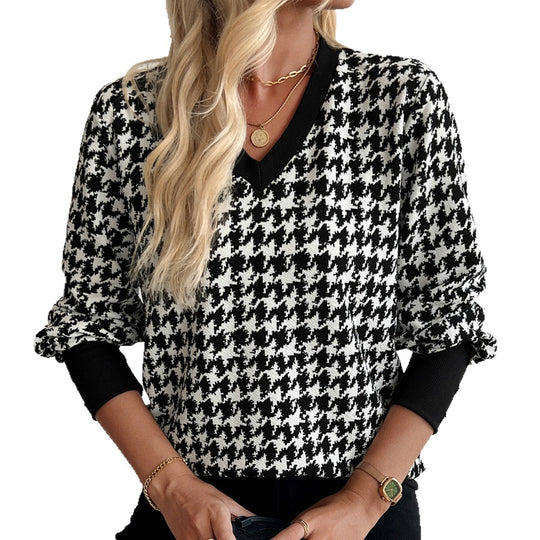 Damen nan V-Ausschnitt Strickpullover mit Hahnentrittmuster und gerippten Bündchen EB