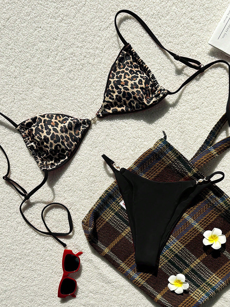 Damen Triangel-Bikini mit animalischem Muster und verstellbaren Trägern EB