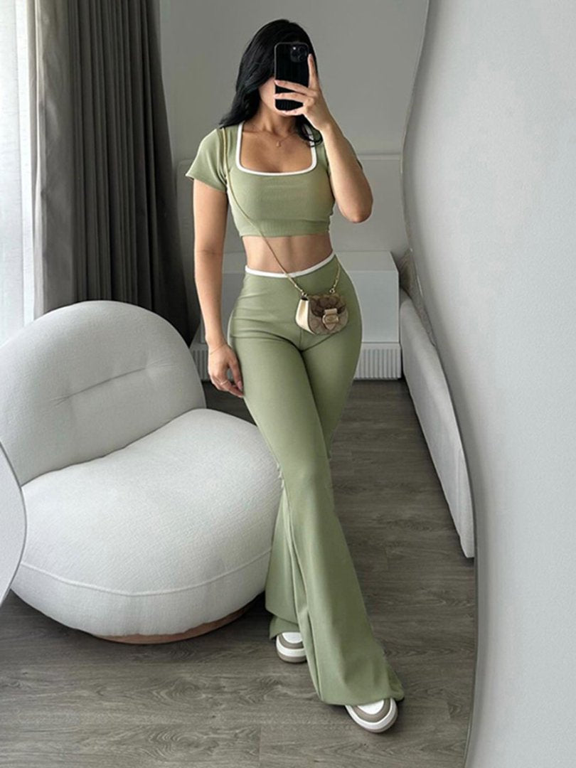 Damen modisches Crop-Top mit tailliertem Schnitt und weiter Hose EB