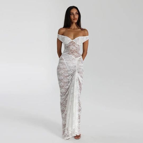 Damen Elegantes Spitze Maxikleid mit Off-Shoulder-Design und figurbetontem Schnitt EB