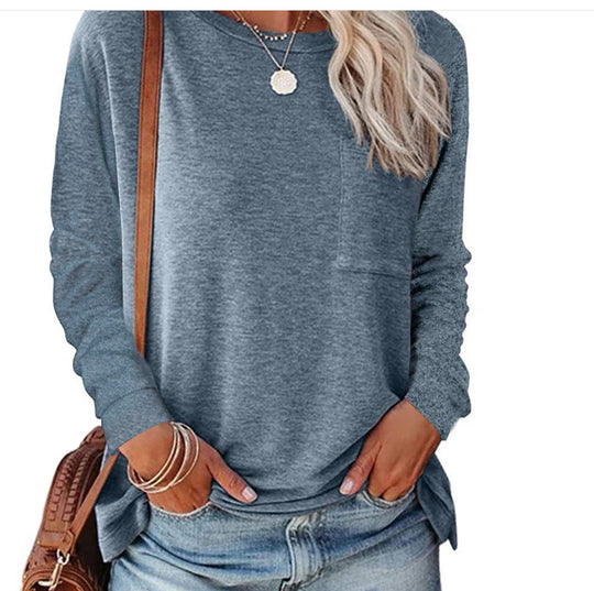 Damen lässiges Langarmshirt mit Taschen und Rundhalsausschnitt EB