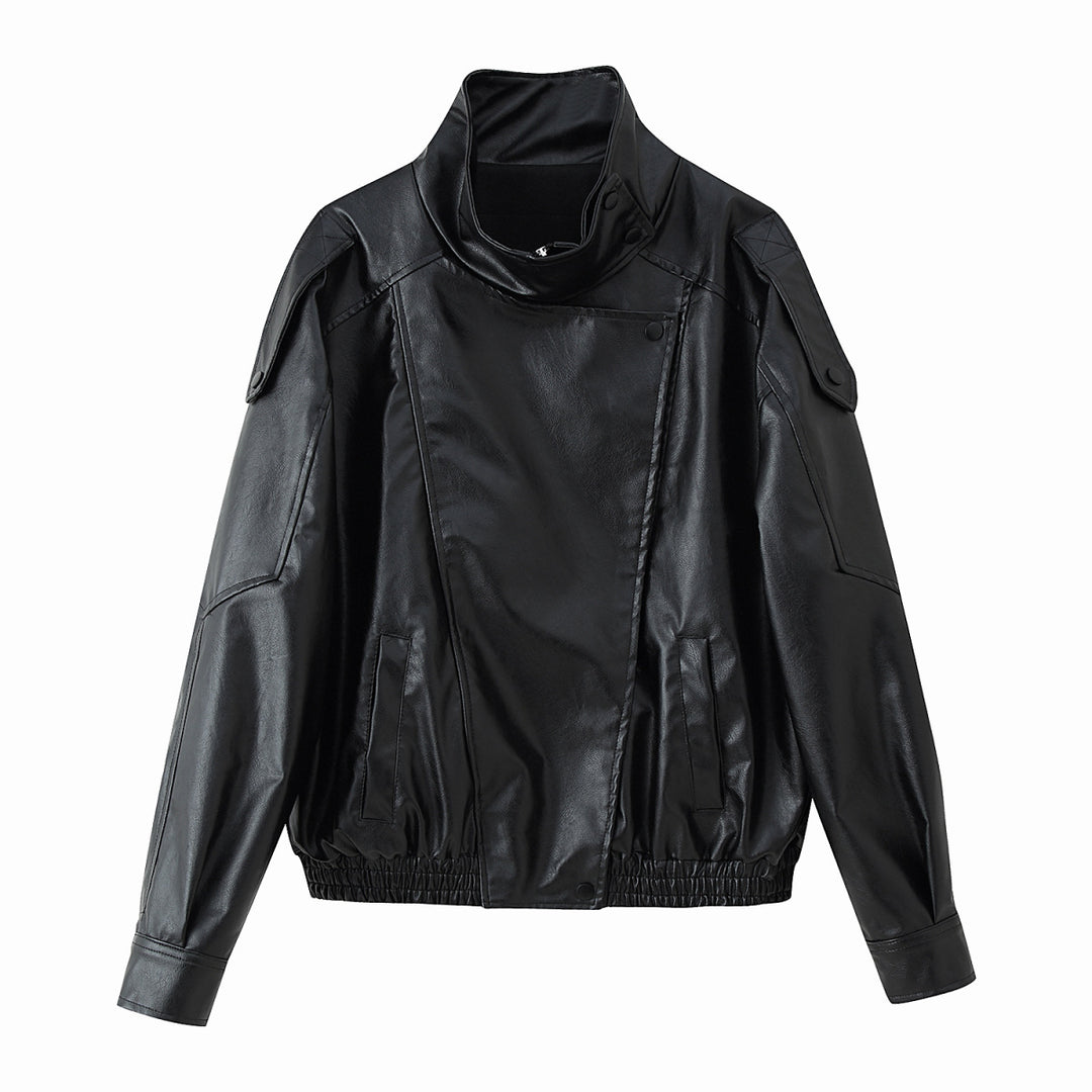 Unisex nan weite Bikerstil Kunstlederjacke mit Stehkragen und elastischem Saum EB