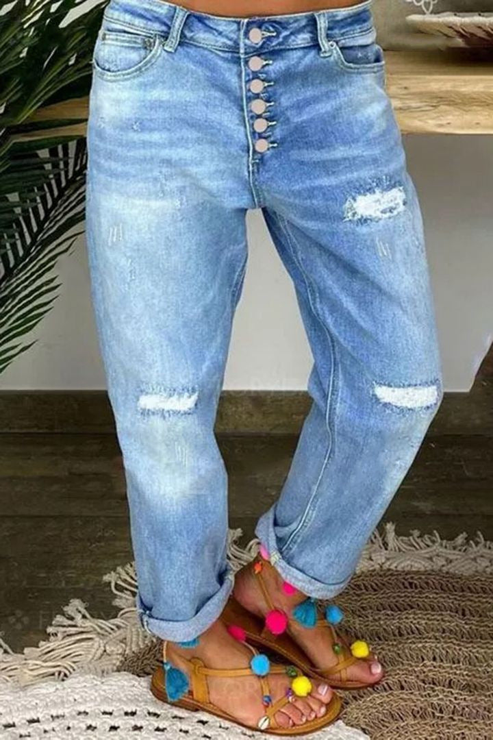 Damen Boyfriend Jeans mit Knopfleiste und distressed Effekten EB